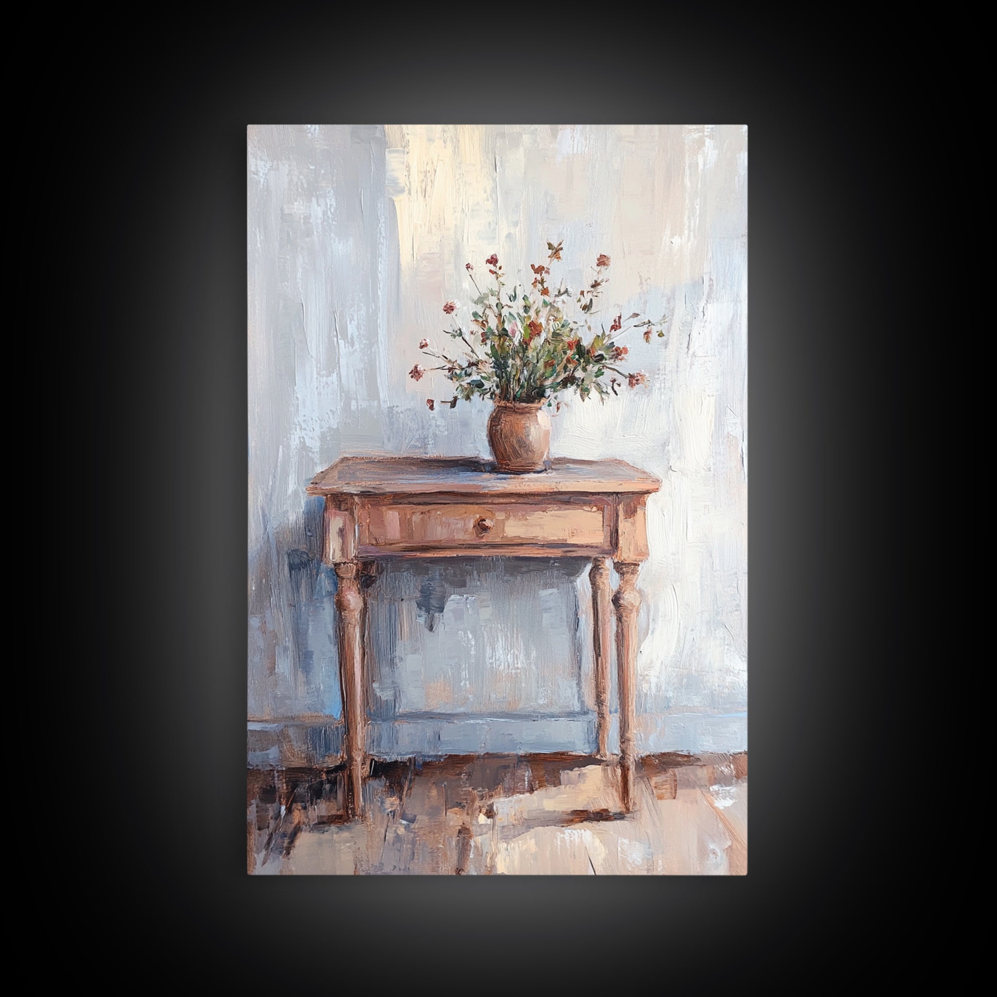 Rustic Console Table With Wildflower Vase Wall Art, Neutral Farmhouse Canvas Print, Entryway Living Room Wall Decor, Home Decor