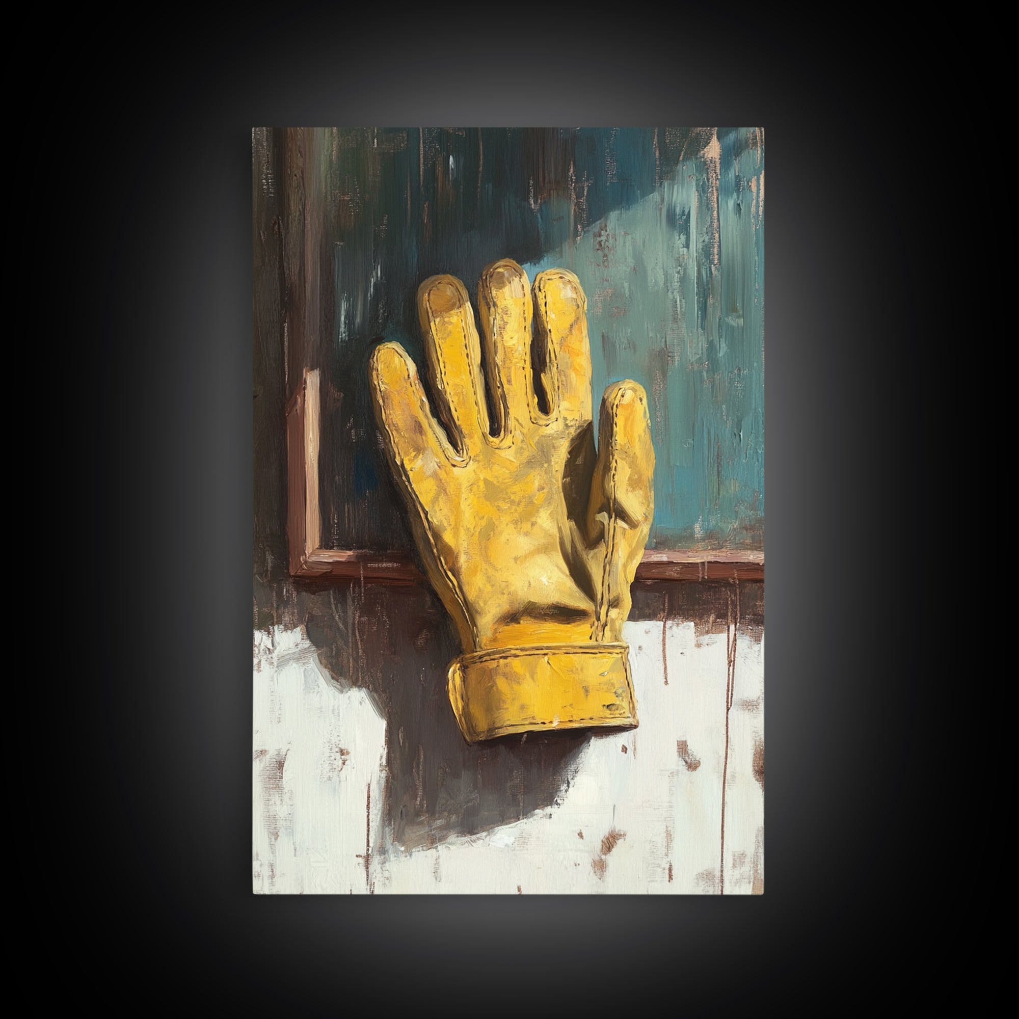 Yellow Work Glove On Rustic Chalkboard Wall Art, Industrial Garage Canvas Print, Tool Room Man Cave Wall Decor, Gift For Him