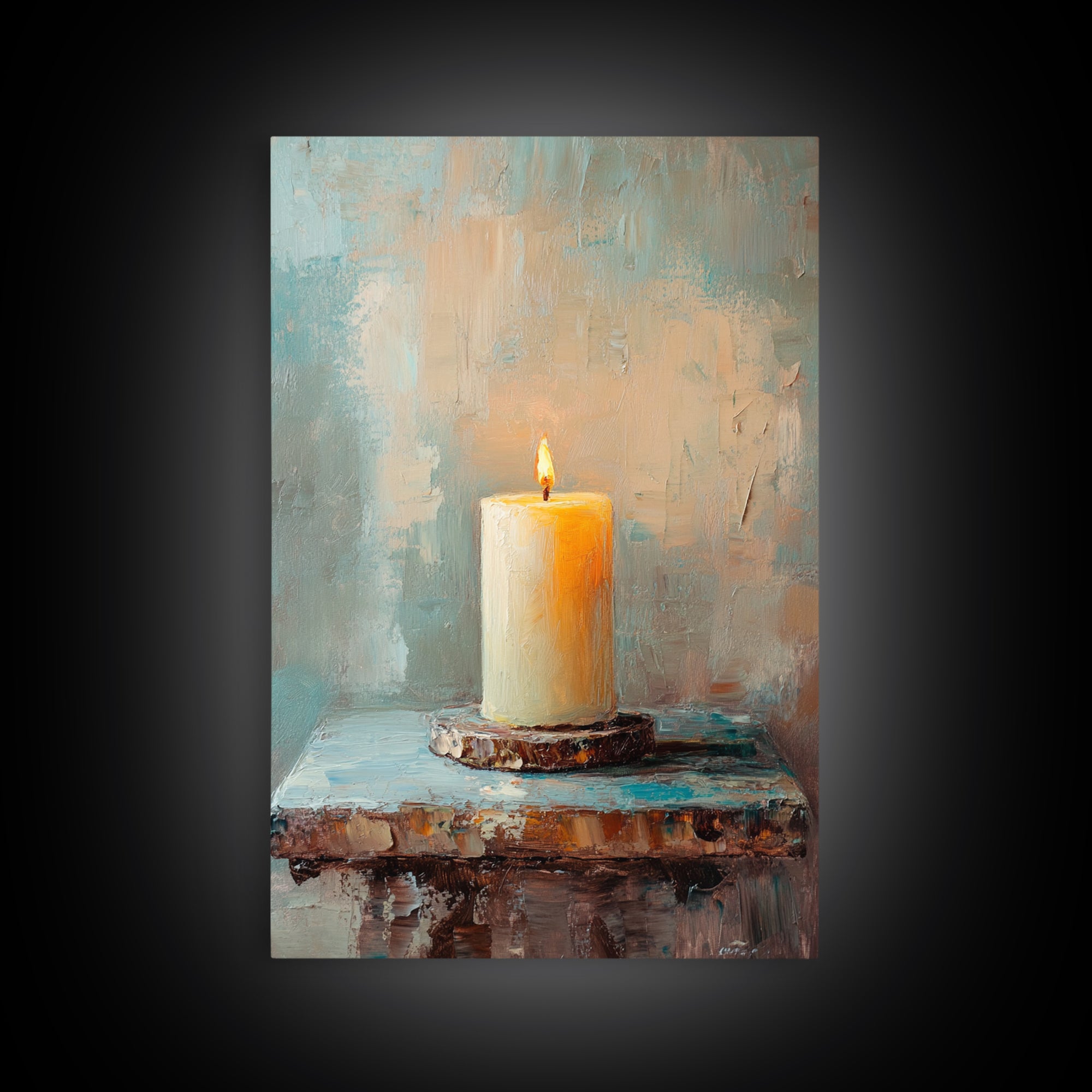 Glowing Ivory Candle On Rustic Table Canvas Print, Calming Still Life Wall Art For Spa Decor, Meditation Room, Cozy Home