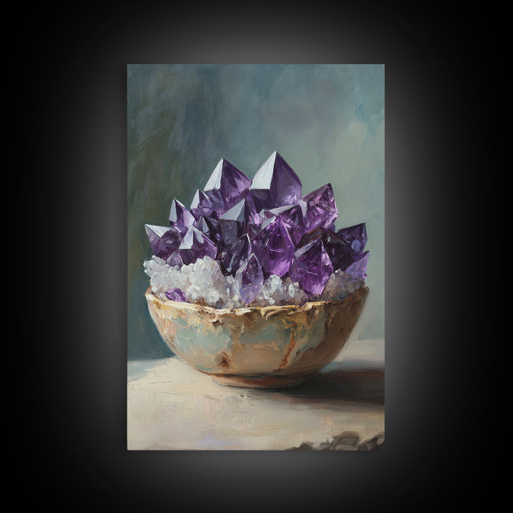 Purple Amethyst Crystals In Rustic Bowl Canvas Print, Crystal Wall Art, Spiritual Decor, Boho Home Decor, Gift For Her, Living Room Decor