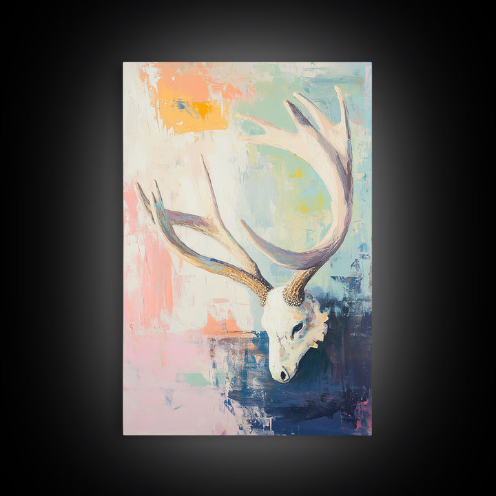 White Deer Skull With Antlers On Pastel Abstract Canvas Print, Western Wall Art, Boho Wall Decor, Rustic Cabin Home Decor