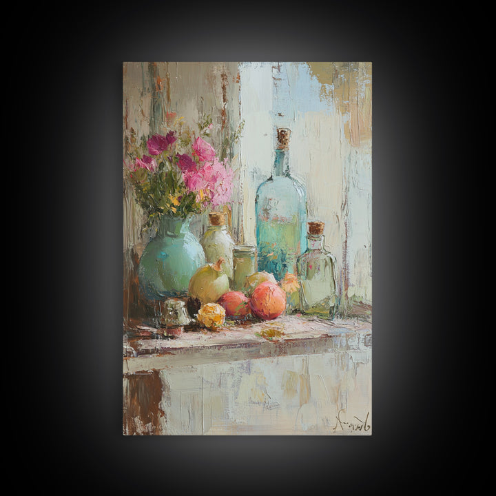Flowers Bottles And Fruit Framed Canvas Print, Impressionist Still Life Wall Art, Kitchen Decor, Dining Room Prints, Home Decor