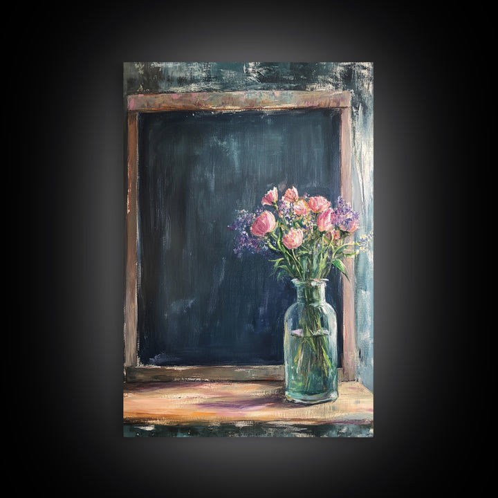 Chalkboard With Pink Flowers Wall Art, Rustic Kitchen Decor, Farmhouse Canvas Print, Floral Still Life, Dining Room Print