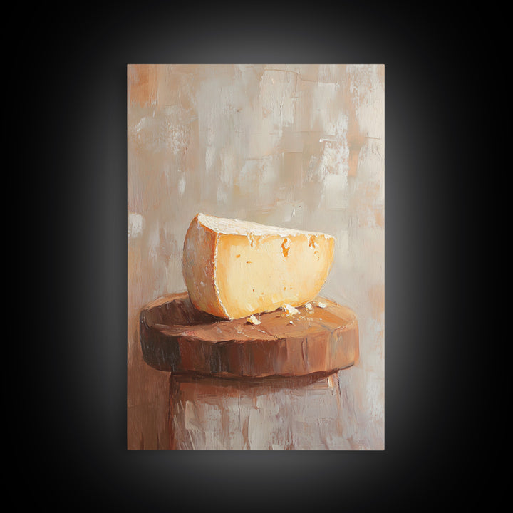 Cheese Wedge On Rustic Stool Canvas Print, Minimalist Kitchen Wall Art, Food Still Life, Farmhouse Decor, Gift For Foodie