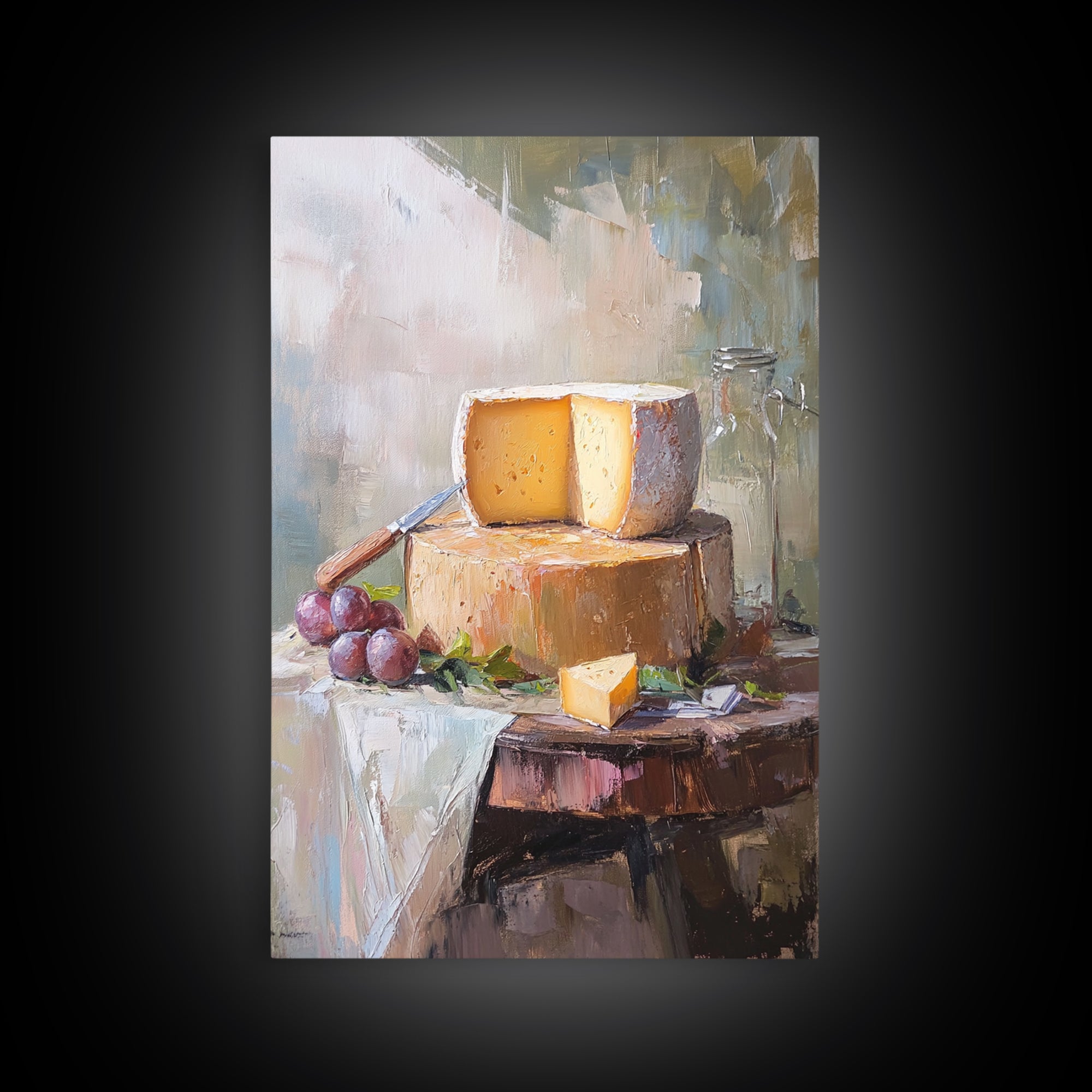 Cheese Wheel With Grapes Canvas Print, Rustic Kitchen Wall Art, Farmhouse Dining Room Decor, Food Still Life, Gift For Foodie