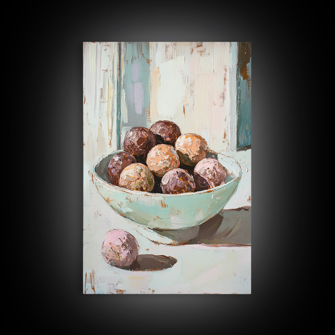 Pastel Bowl Of Chocolate Truffles Wall Art, Kitchen Decor, Food Still Life Painting, Whimsical Bakery Art Print Gift For Her
