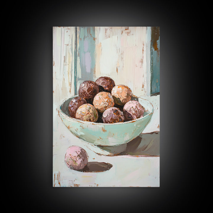 Pastel Bowl Of Chocolate Truffles Wall Art, Kitchen Decor, Food Still Life Painting, Whimsical Bakery Art Print Gift For Her