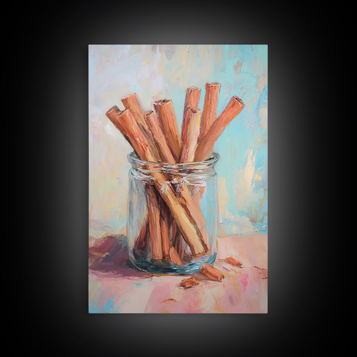 Cinnamon Sticks In Glass Jar Framed Canvas Print, Rustic Kitchen Wall Art, Spice Painting, Farmhouse Home Decor Gift Idea
