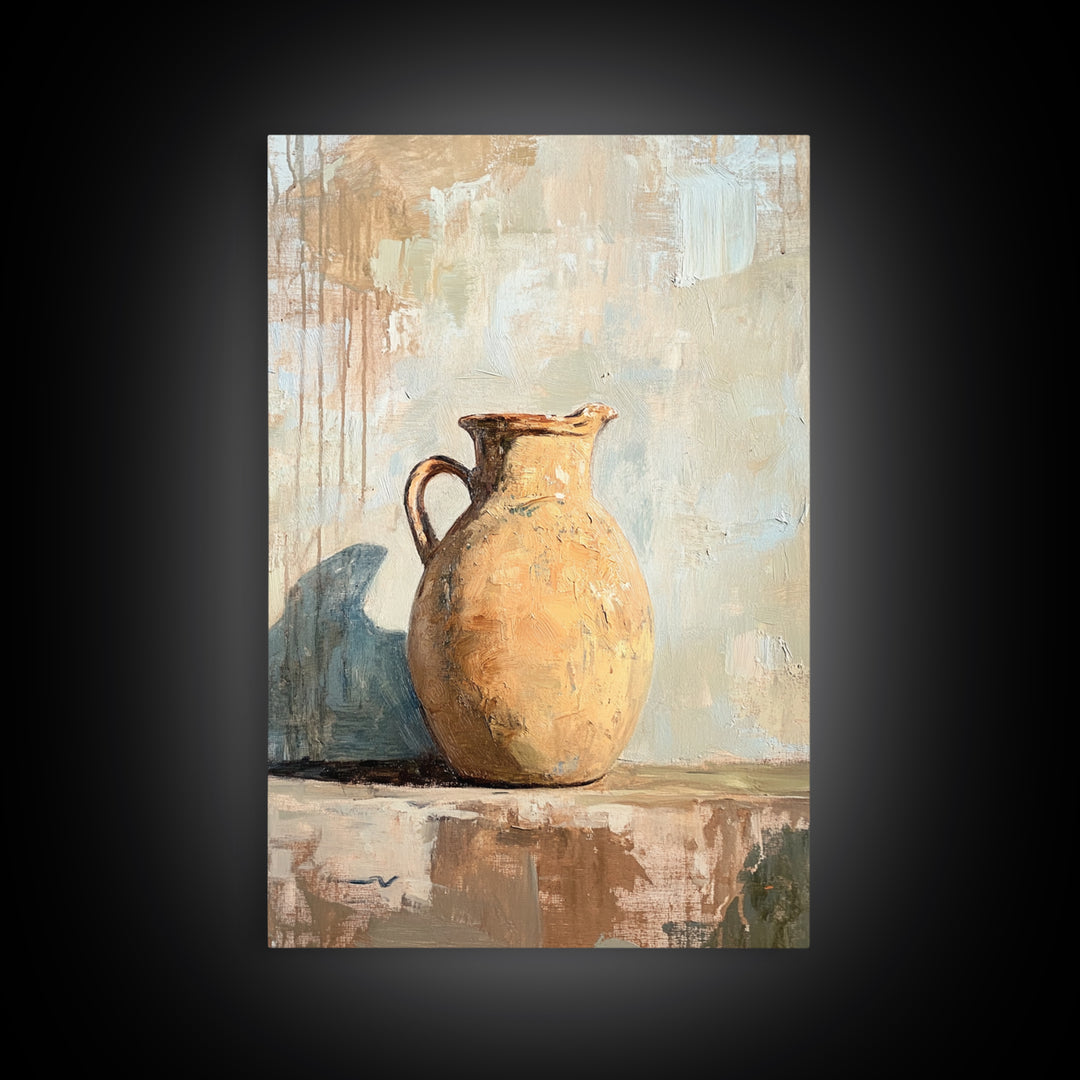 Rustic Ceramic Pitcher Still Life Wall Art, Neutral Farmhouse Decor, Country Kitchen Painting, Wabi Sabi Home Decor Gift