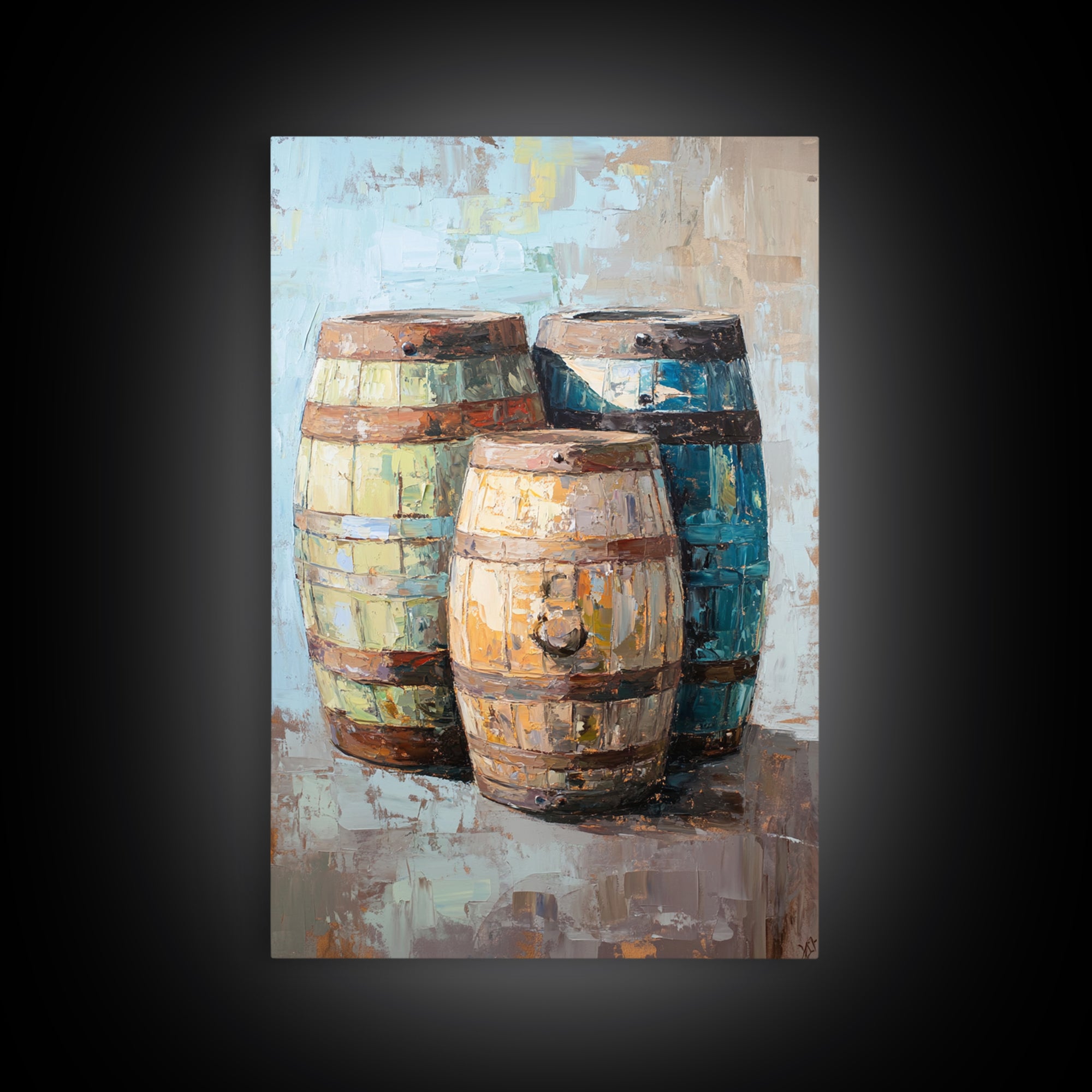 Rustic Wine Barrels Still Life Framed Canvas Print, Winery Wall Art, Home Bar Decor, Farmhouse Kitchen Gift For Him Idea