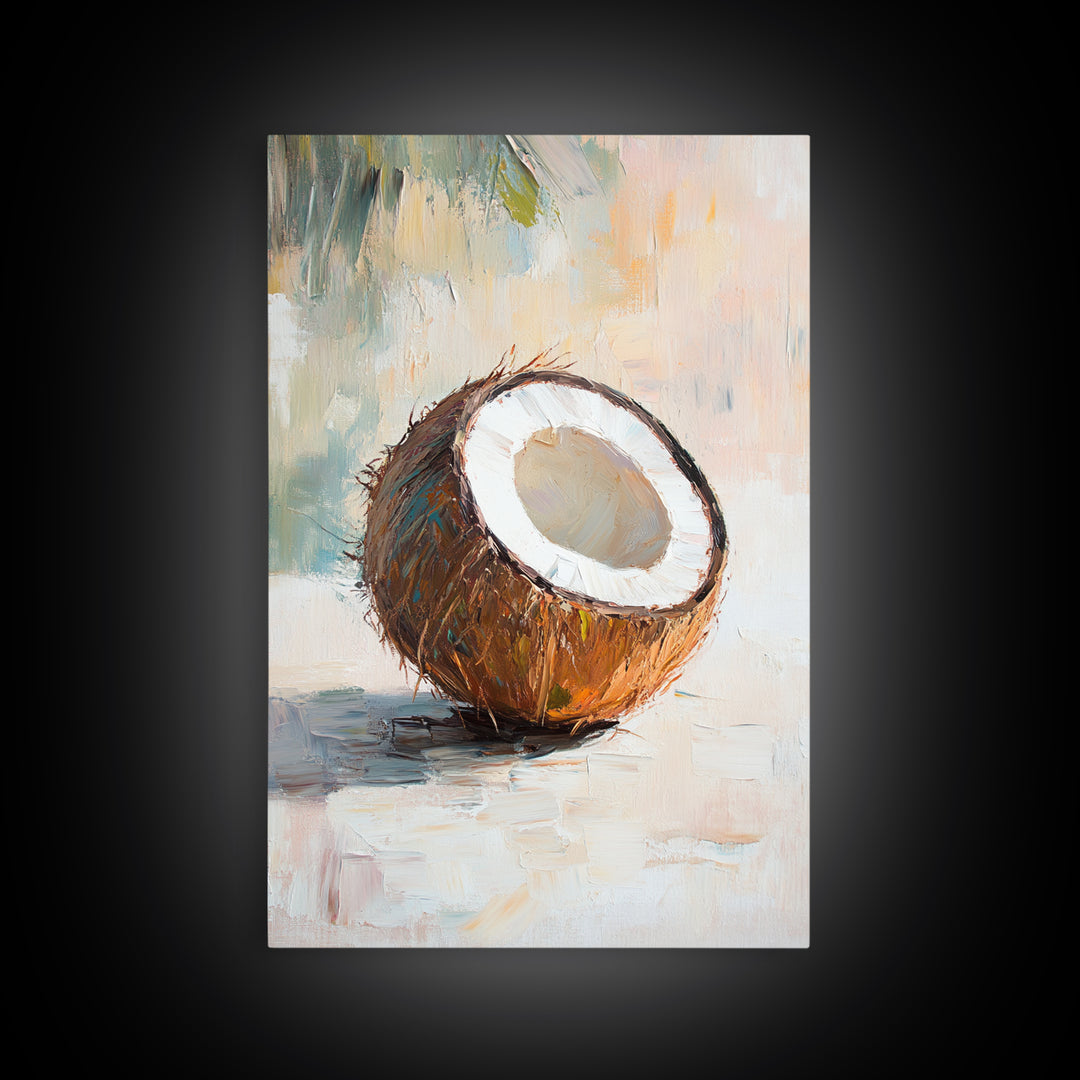 Split Coconut Still Life Canvas Print, Tropical Kitchen Wall Art, Coastal Home Decor, Food Art Print, Rustic Beach House Gift