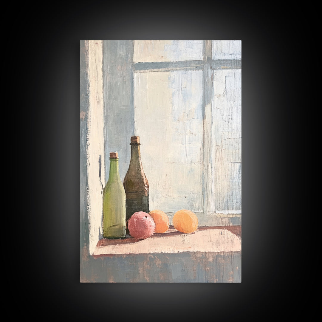 Bottles And Citrus On Windowsill Canvas Print, Rustic Kitchen Wall Art, Still Life Art Print, Farmhouse Dining Room Decor