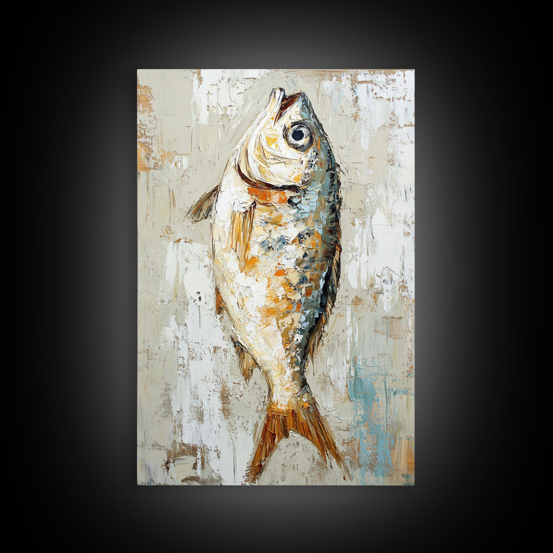 Silver Fish Impasto Canvas Print, Coastal Kitchen Wall Art, Nautical Seafood Decor, Ocean Animal Art Print, Beach House Gift