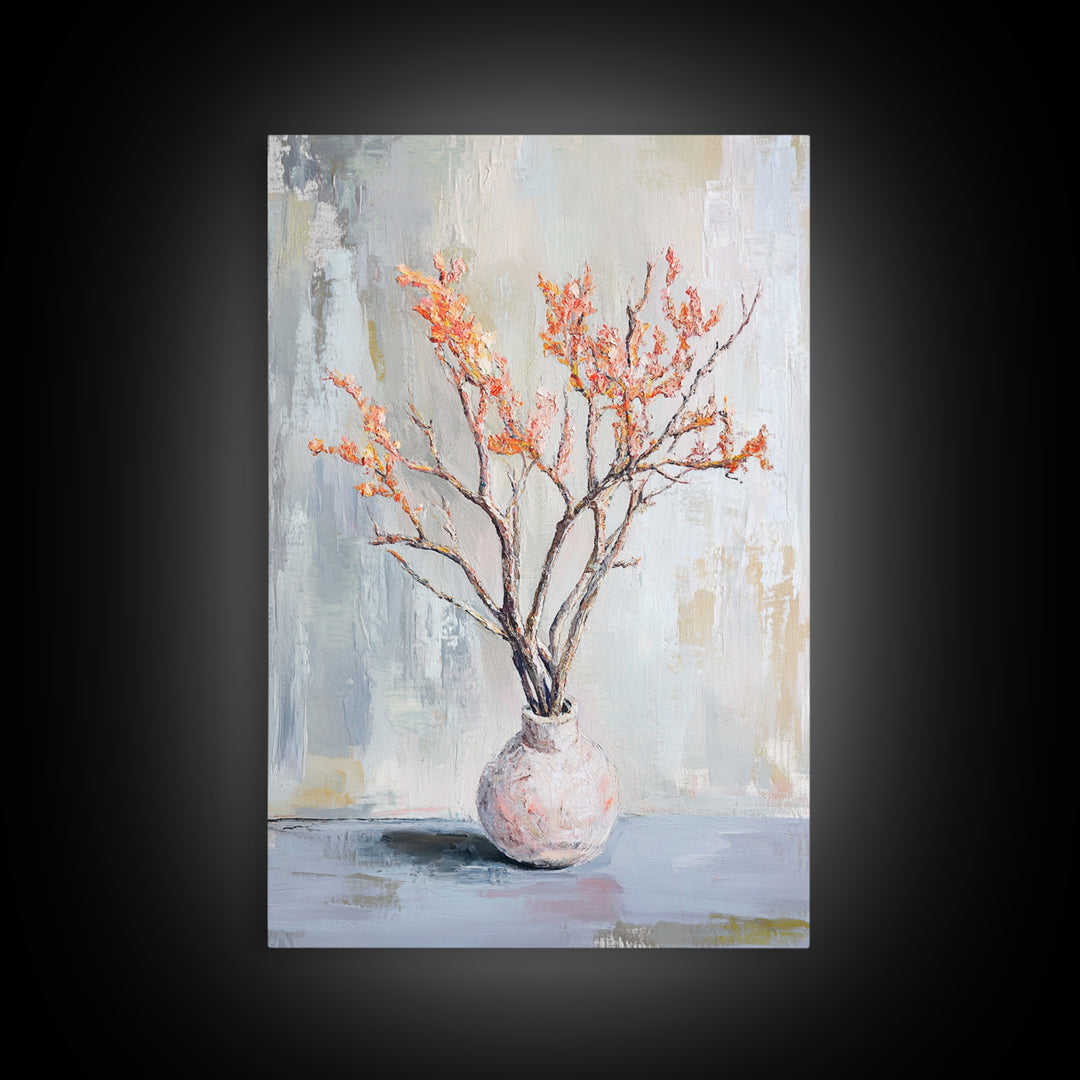 Orange Blossom Branches In Ceramic Vase Canvas Print, Minimalist Botanical Wall Art, Japandi Decor, Calm Neutral Home Gift