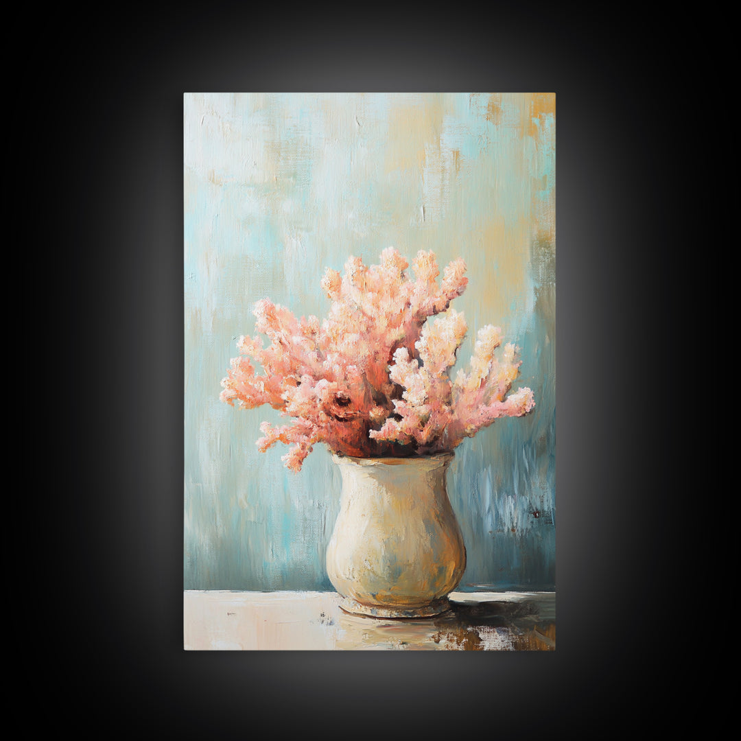 Pink Coral Still Life In Ceramic Vase, Framed Canvas Print, Coastal Wall Art, Beach House Decor, Soft Pastel Home Decor Gift