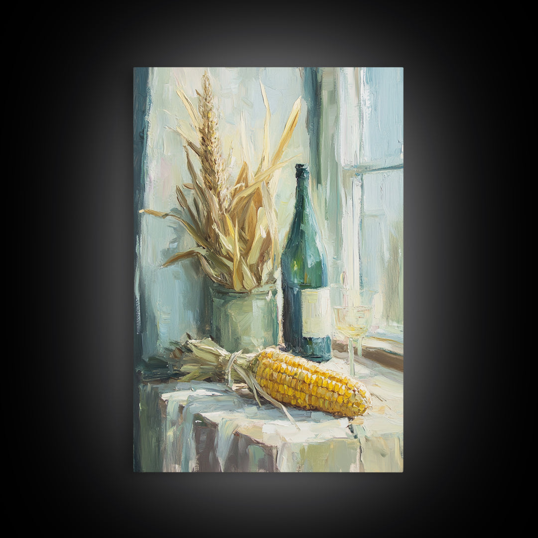 Sunlit Corn And Wine Bottle Still Life, Canvas Print, Farmhouse Kitchen Wall Art, Rustic Country Decor, Dining Room Print