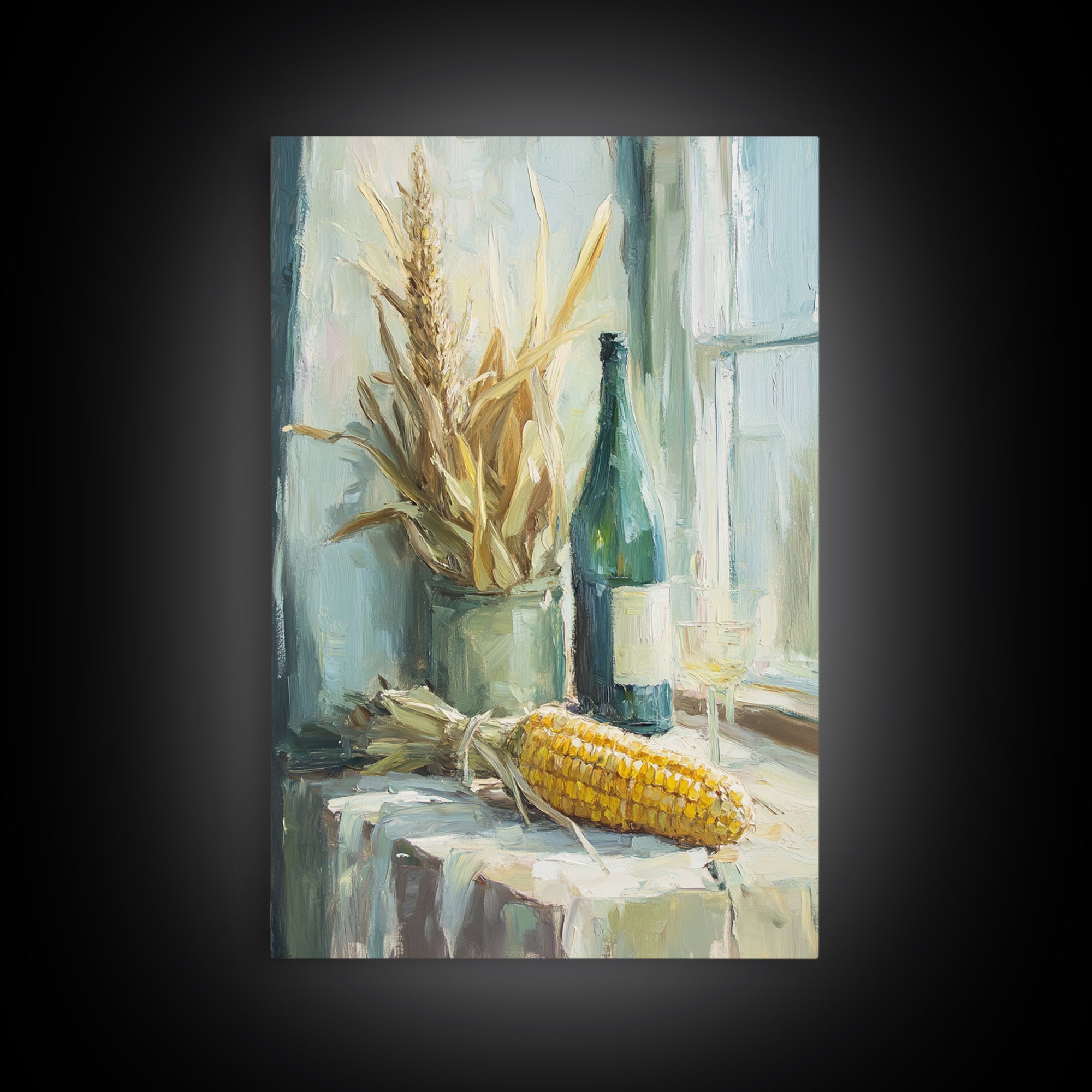 Sunlit Corn And Wine Bottle Still Life, Canvas Print, Farmhouse Kitchen Wall Art, Rustic Country Decor, Dining Room Print