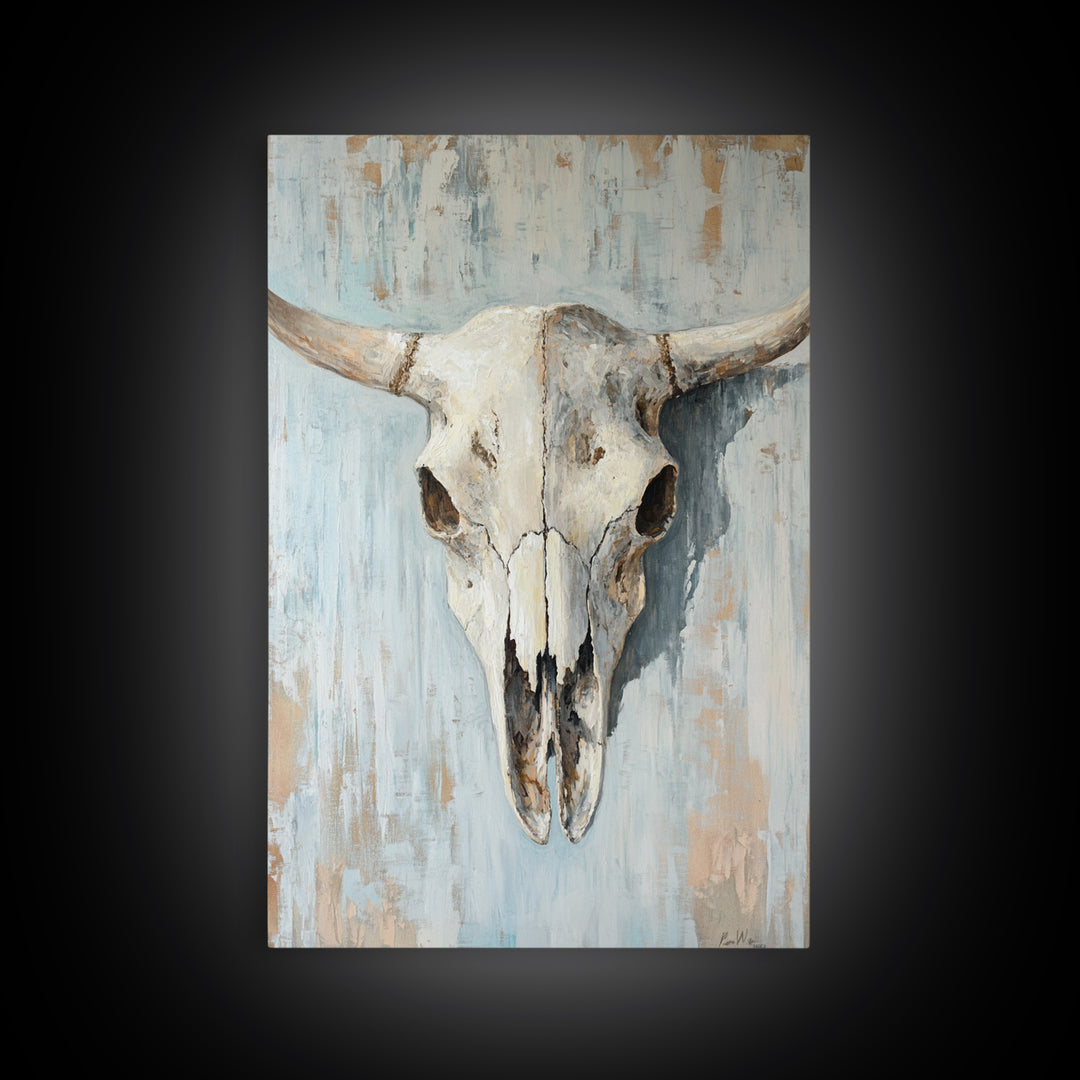 White Longhorn Skull On Blue Wood, Framed Canvas Print, Western Wall Art, Southwestern Decor, Rustic Farmhouse Gift For Him