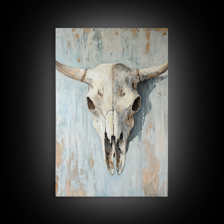 White Longhorn Skull On Blue Wood, Framed Canvas Print, Western Wall Art, Southwestern Decor, Rustic Farmhouse Gift For Him