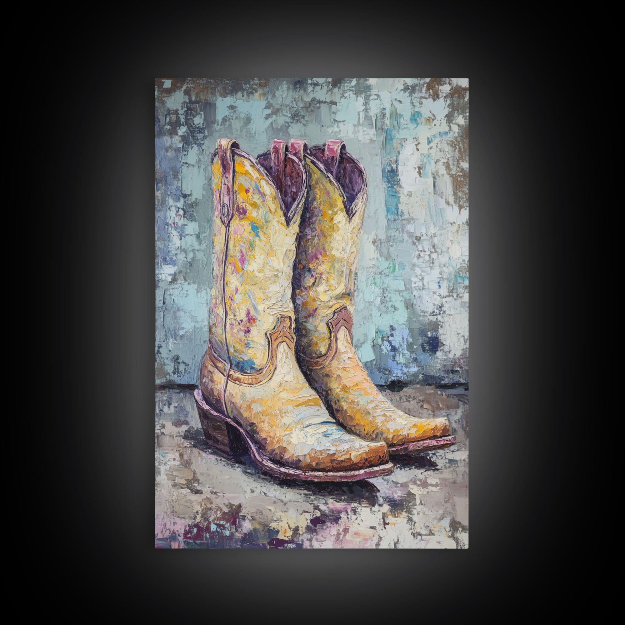 Yellow Cowboy Boots Oil Painting, Canvas Print, Western Wall Art, Cowgirl Decor, Rodeo Housewarming Gift, Rustic Home Decor