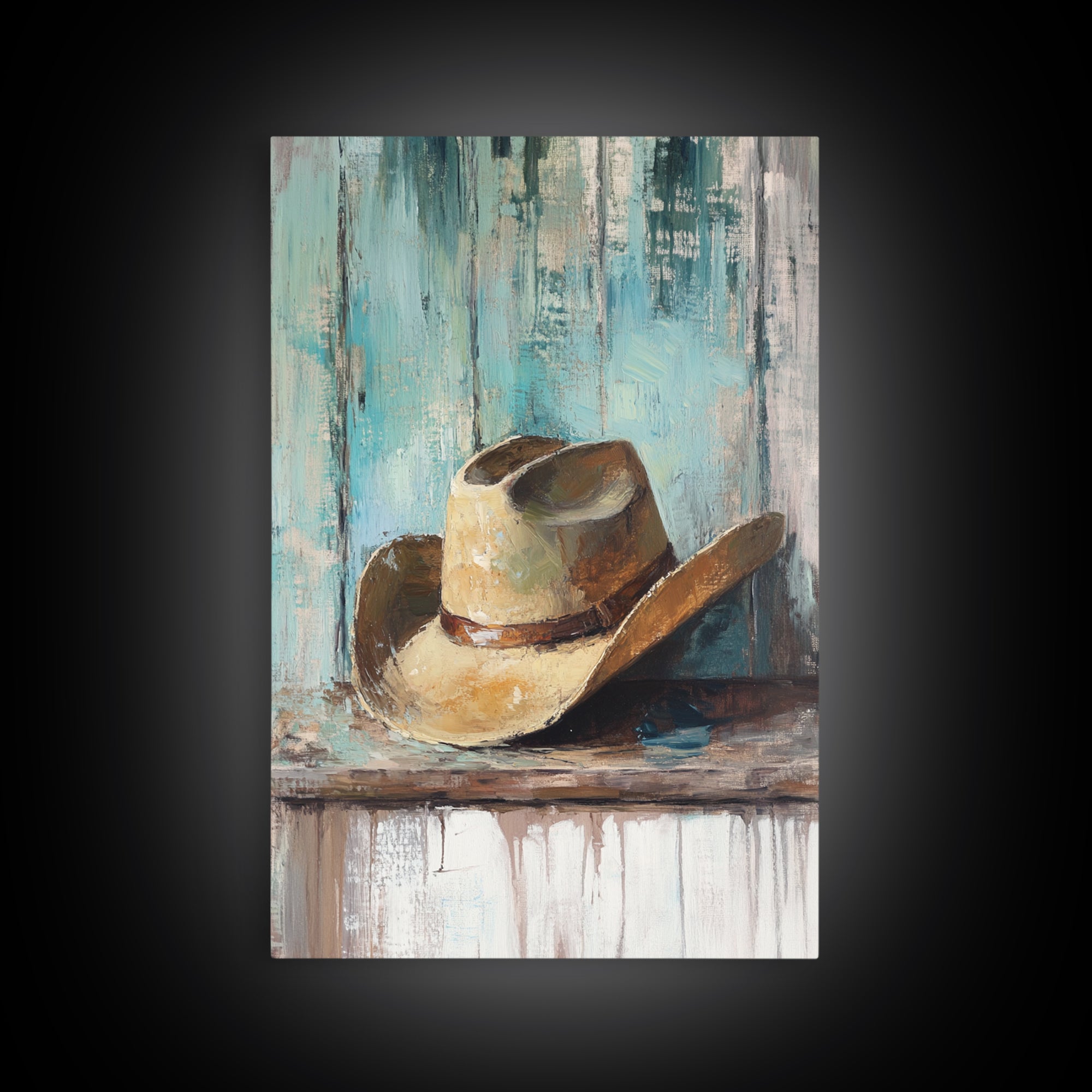 Worn Cowboy Hat On Weathered Shelf, Framed Canvas Print, Western Wall Art, Rustic Ranch Decor, Gift For Him, Man Cave Decor