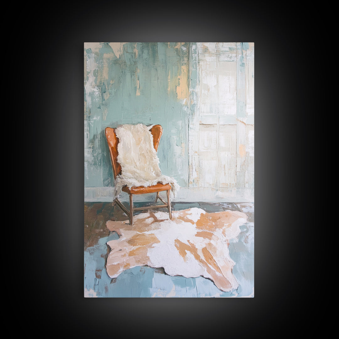 Leather Chair And Cowhide Rug Interior, Canvas Print, Rustic Wall Art, Western Home Decor, Neutral Living Room Wall Art Print