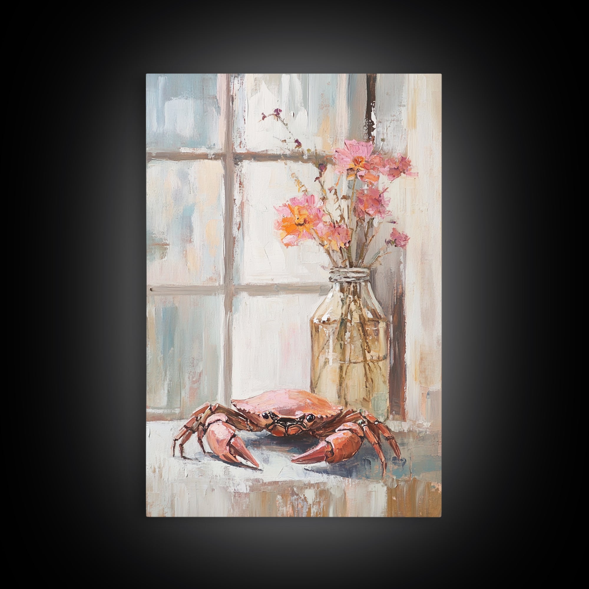 Blue Crab And Pink Flowers By Window, Framed Canvas Print, Coastal Kitchen Wall Art, Beach House Decor, Seafood Wall Art