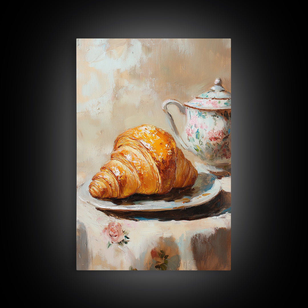 Golden Croissant And Floral Teapot Framed Canvas Print, French Bakery Wall Art, Kitchen Decor, Cafe Art Print, Foodie Gift