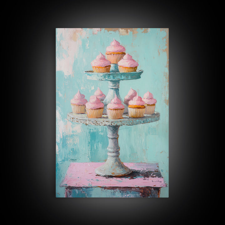 Pink Cupcakes On Tiered Stand Canvas Print, Cute Bakery Wall Art, Girls Room Decor, Dessert Art, Kitchen Decor Gift, Home Decor