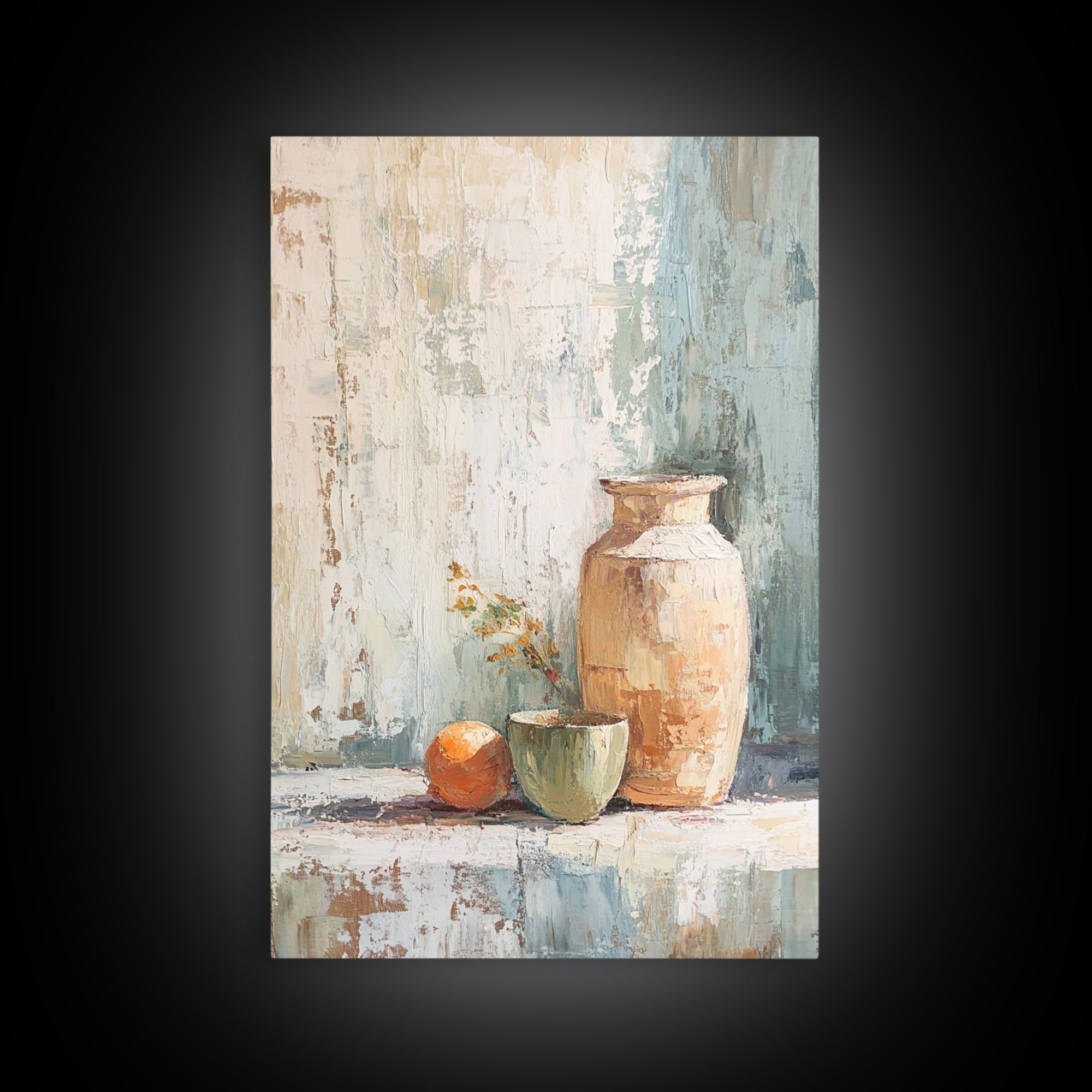 Rustic Vase With Orange Still Life Canvas Print, Neutral Wall Art, Farmhouse Decor, Kitchen Art, Minimalist Home Decor Gift