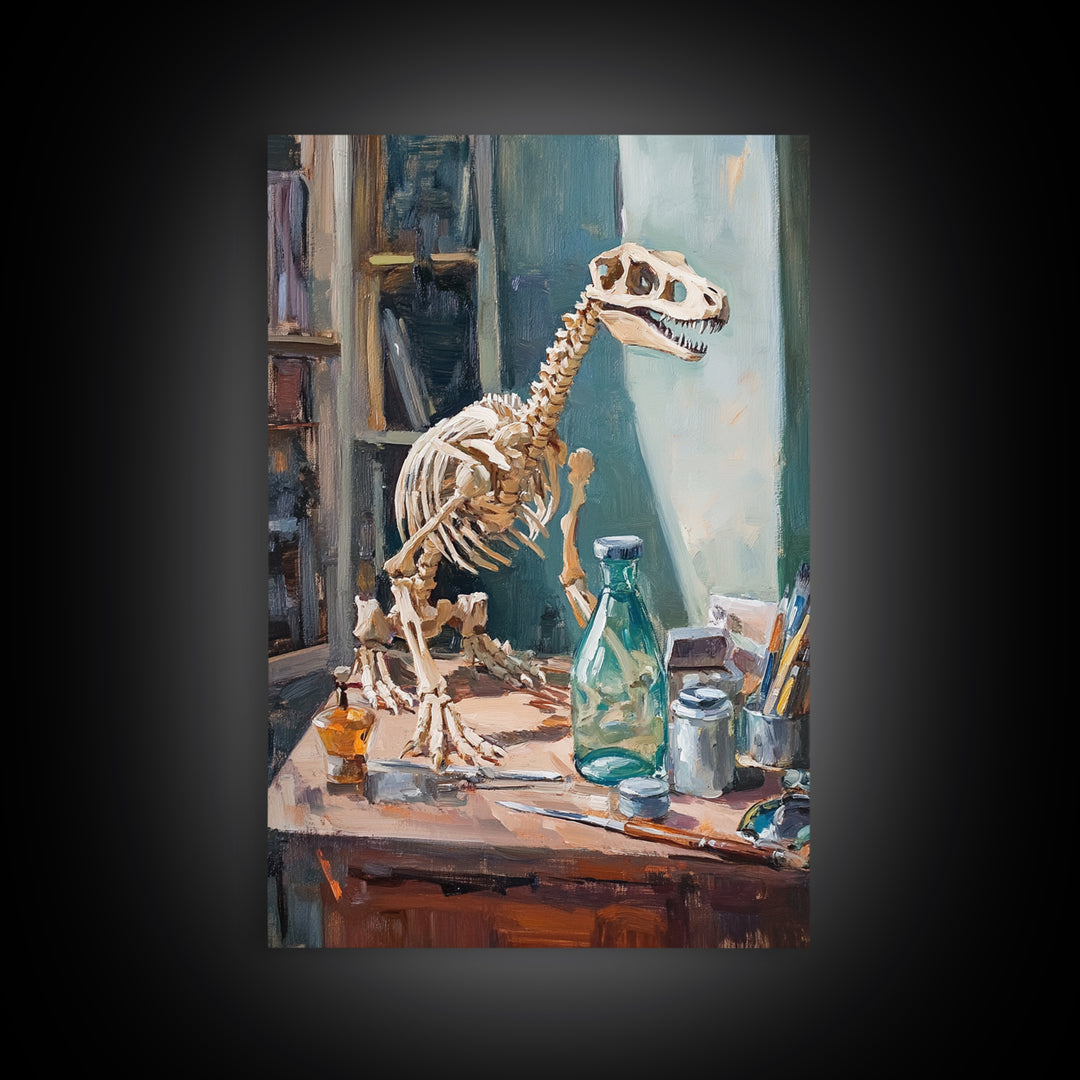 Dinosaur Skeleton On Artist Desk Canvas Print, Curiosity Cabinet Wall Art, Science Decor, Kids Room Decor, Unique Gift For Kids