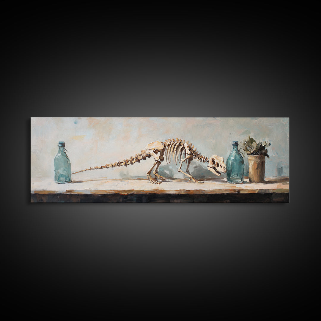 Dinosaur Skeleton Still Life Canvas Print, Quirky Science Wall Art, Oddities Decor, Curiosity Cabinet, Office Decor, Gift For Him