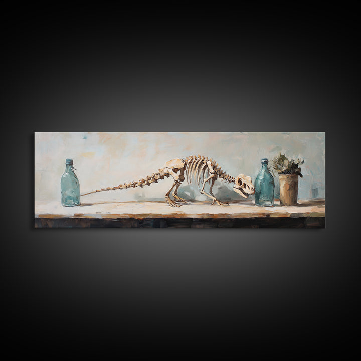 Dinosaur Skeleton Still Life Canvas Print, Quirky Science Wall Art, Oddities Decor, Curiosity Cabinet, Office Decor, Gift For Him