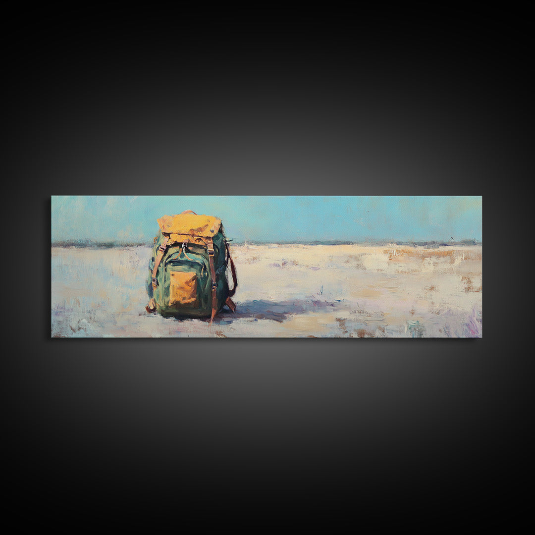 Lonely Backpack On Beach Canvas Print, Minimalist Coastal Landscape Art, Travel Wall Decor, Adventure Gift For Him, Office Decor
