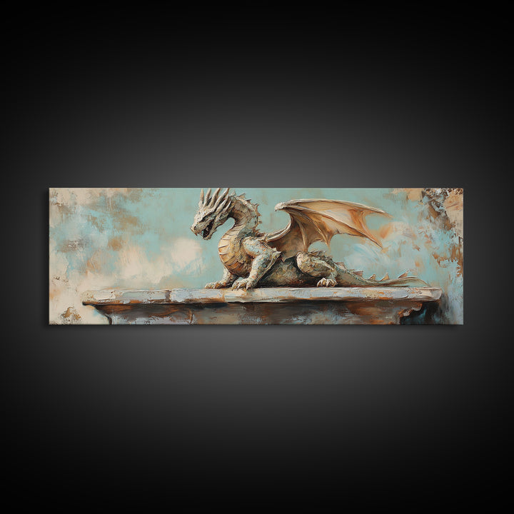 Textured Stone Dragon Framed Canvas Print, Fantasy Wall Art, Gothic Medieval Decor, Mythical Creature Gift For Gamer Room Decor