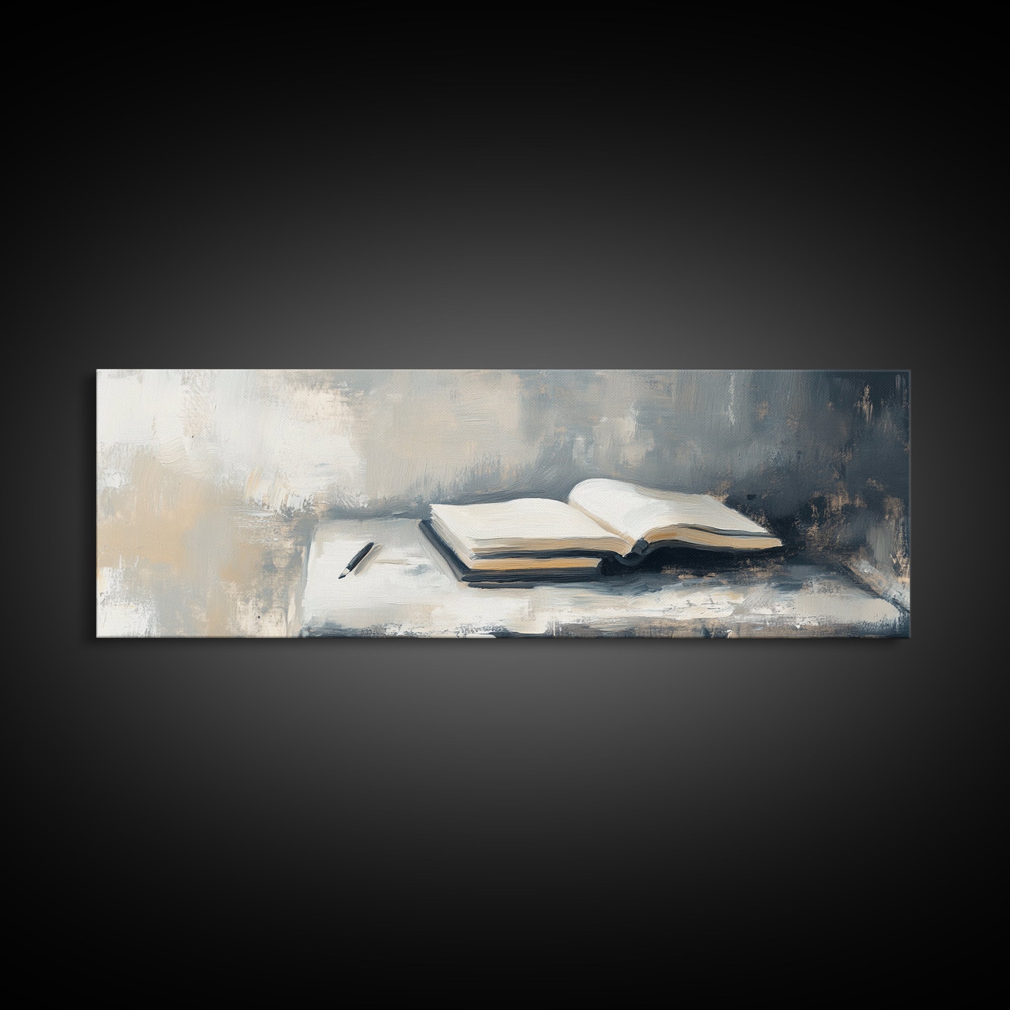 Open Book And Pen Wall Art, Minimalist Literary Canvas Print, Neutral Office Decor, Library Reading Nook Gift For Her, Home Decor