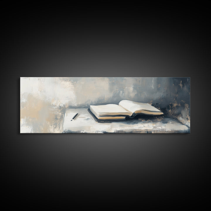 Open Book And Pen Wall Art, Minimalist Literary Canvas Print, Neutral Office Decor, Library Reading Nook Gift For Her, Home Decor