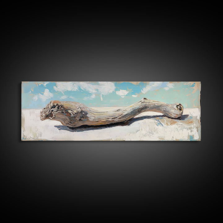 Curved Weathered Driftwood Framed Canvas Print, Coastal Wall Decor, Rustic Beach House Art, Long Horizontal Seascape Living Room Decor