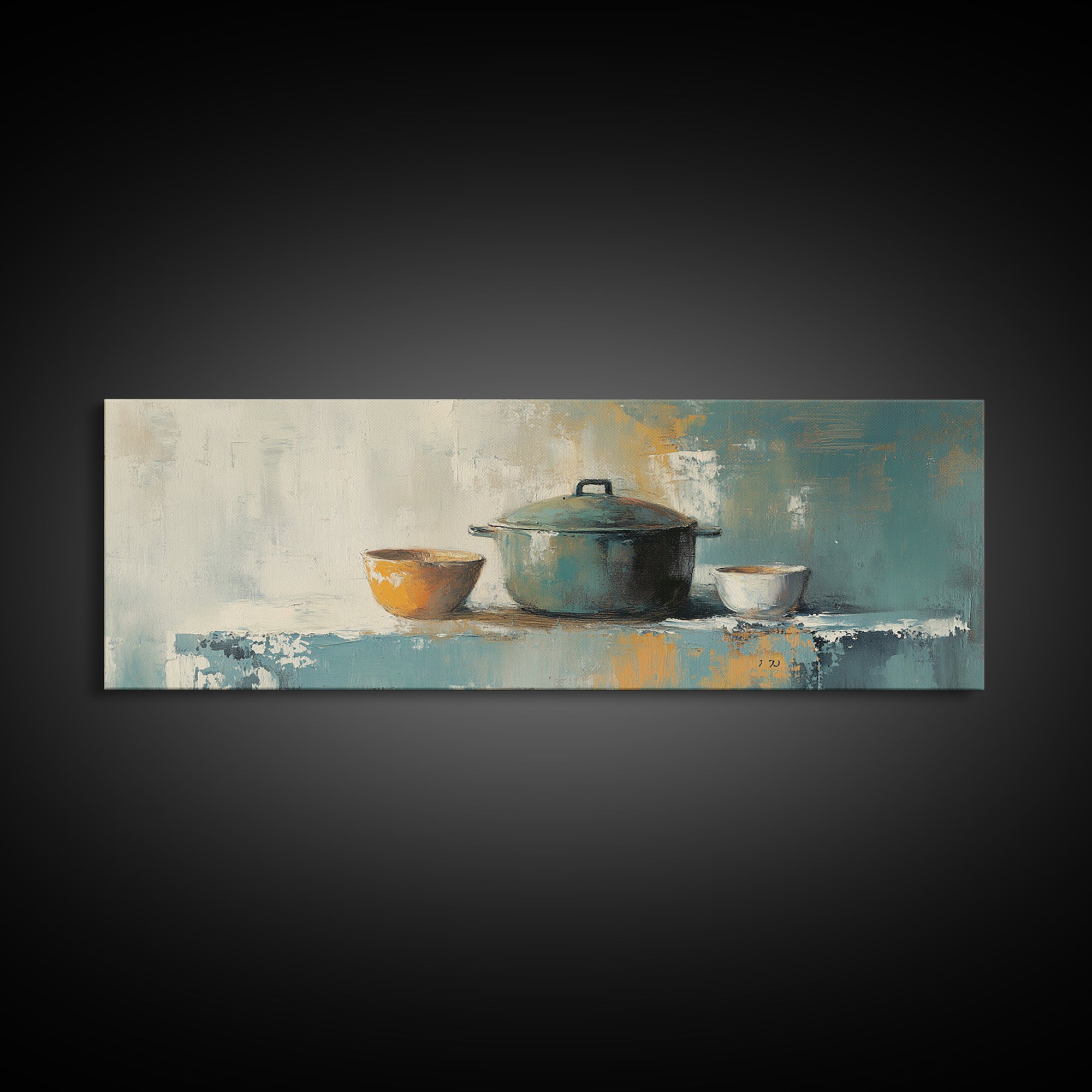 Blue Pot And Bowls Kitchen Wall Art, Rustic Farmhouse Decor, Modern Still Life Canvas Print, Cozy Dining Room Decor, Home Decor
