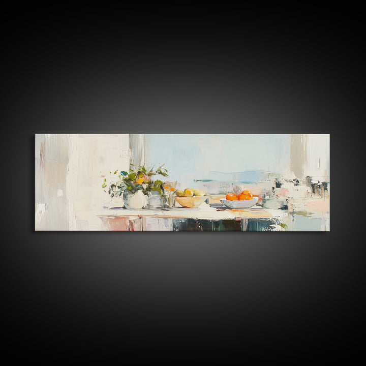 Sunlit Kitchen Counter With Flowers Wall Art, Fruit Still Life Canvas Print, Modern Farmhouse Dining Room Home Decor, Wall Decor