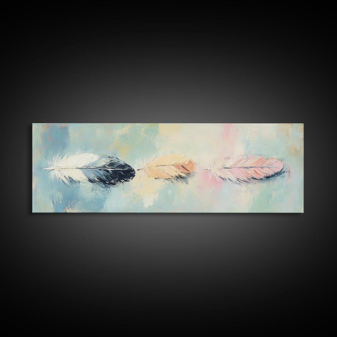 Three Pastel Feathers On Blue Wall Art, Boho Canvas Print For Nursery, Bedroom, Feminine Decor, Soft Coastal Home Decor Gift