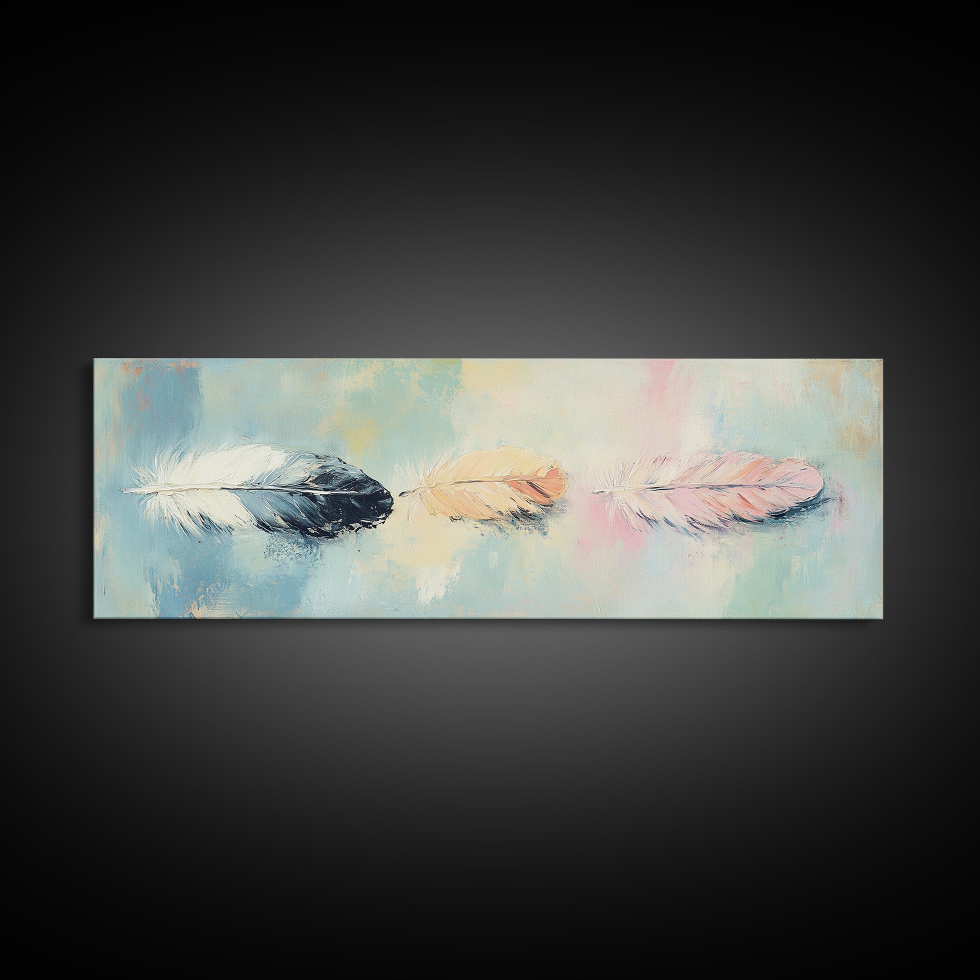 Three Pastel Feathers On Blue Wall Art, Boho Canvas Print For Nursery, Bedroom, Feminine Decor, Soft Coastal Home Decor Gift