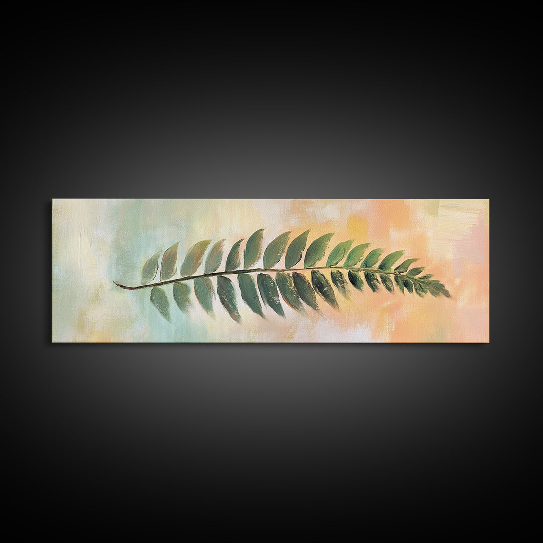 Green Fern Leaf On Pastel Abstract Wall Art, Botanical Canvas Print For Bathroom, Nature Decor, Sage Green Living Room Art