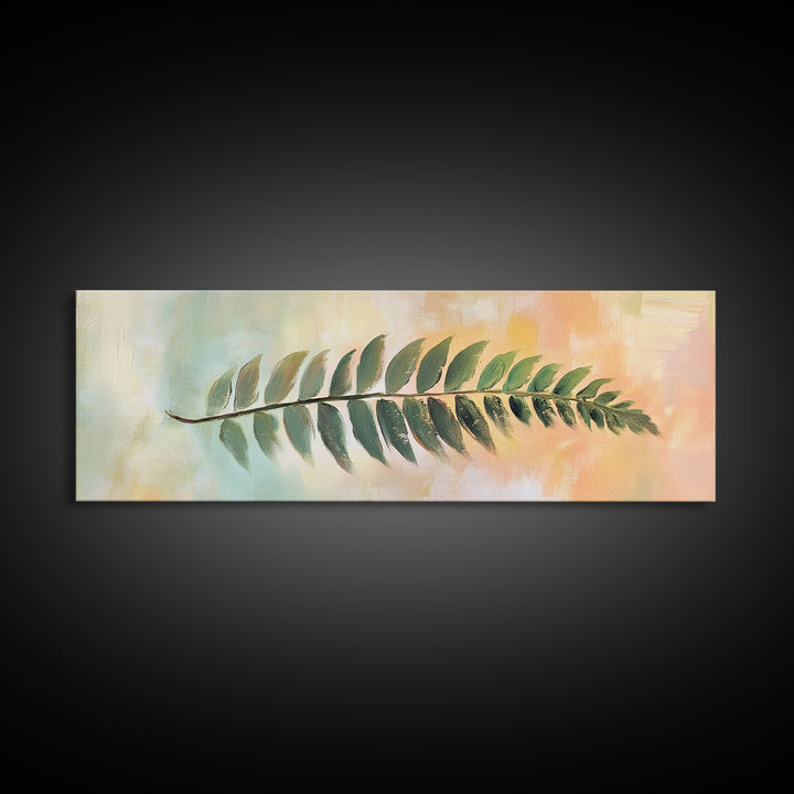 Green Fern Leaf On Pastel Abstract Wall Art, Botanical Canvas Print For Bathroom, Nature Decor, Sage Green Living Room Art