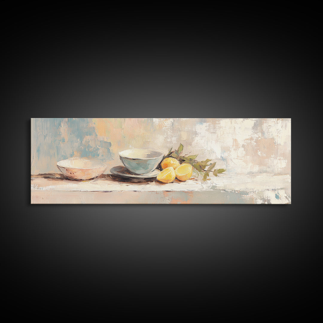 Blue Bowls And Lemons Still Life Canvas Print, Modern Kitchen Wall Art, Food Decor, Citrus Painting, Home Decor, Housewarming Gift