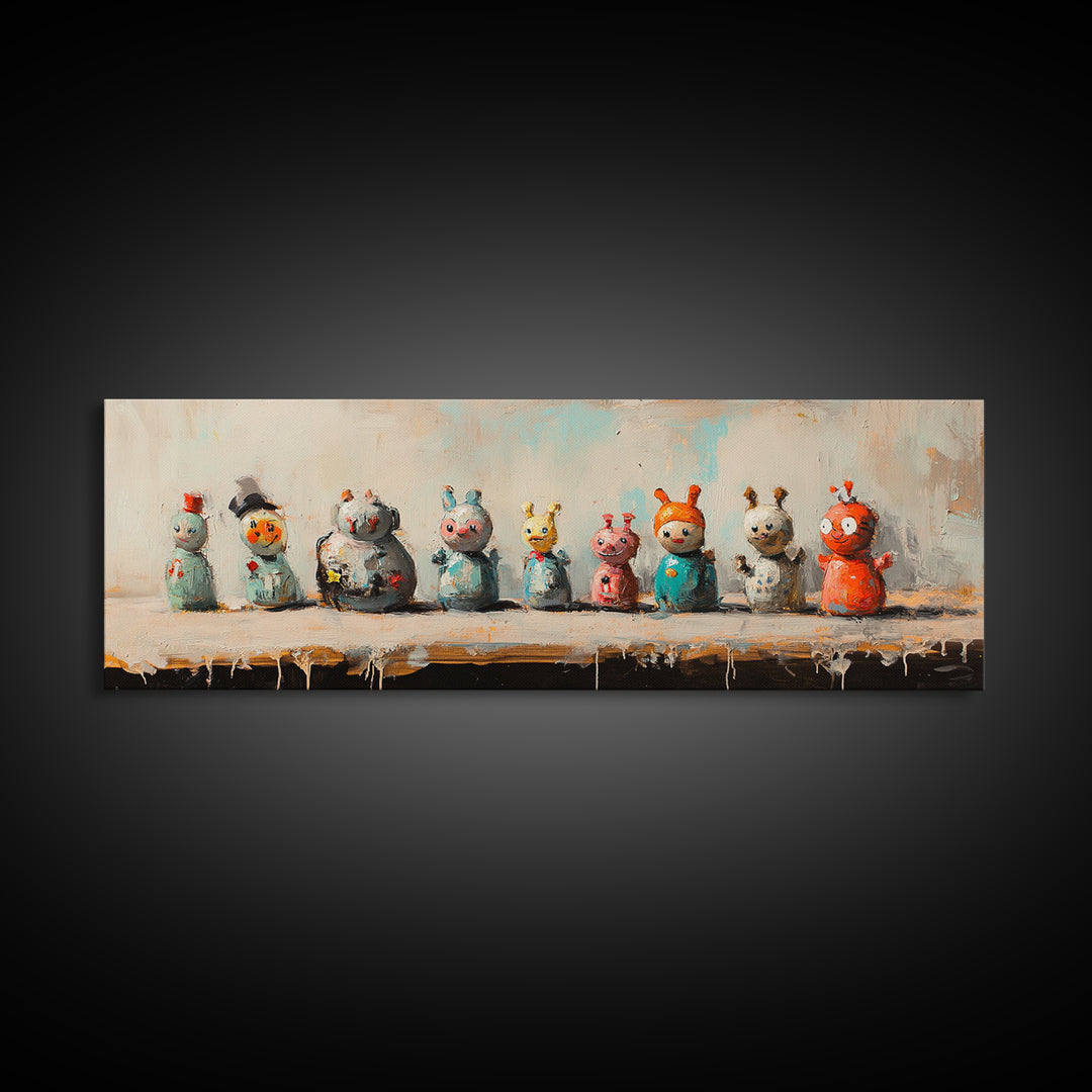 Whimsical Monster Figurines Wall Art, Quirky Kids Room Decor, Playroom Art Print, Colorful Eclectic Nursery Canvas Print