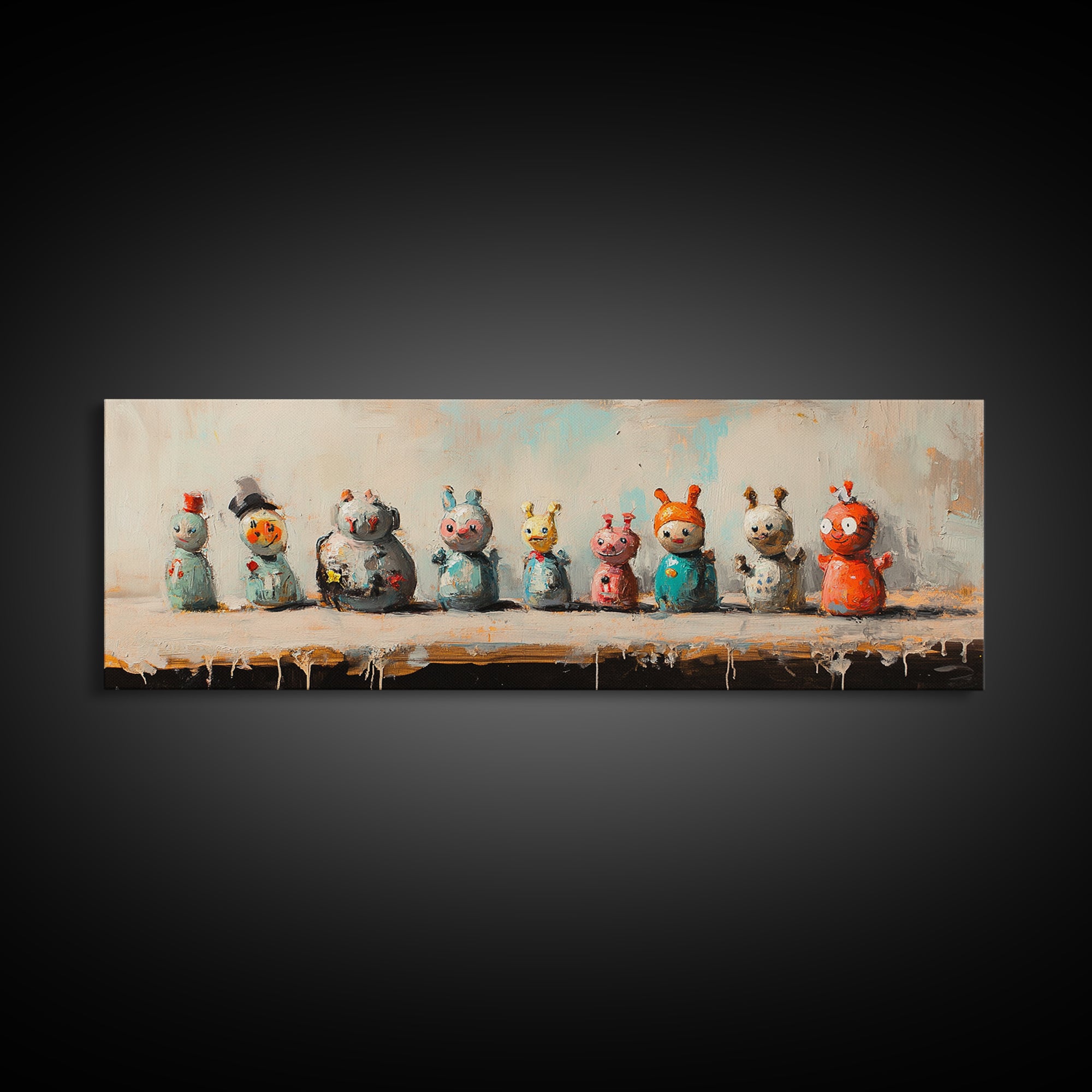 Whimsical Monster Figurines Wall Art, Quirky Kids Room Decor, Playroom Art Print, Colorful Eclectic Nursery Canvas Print