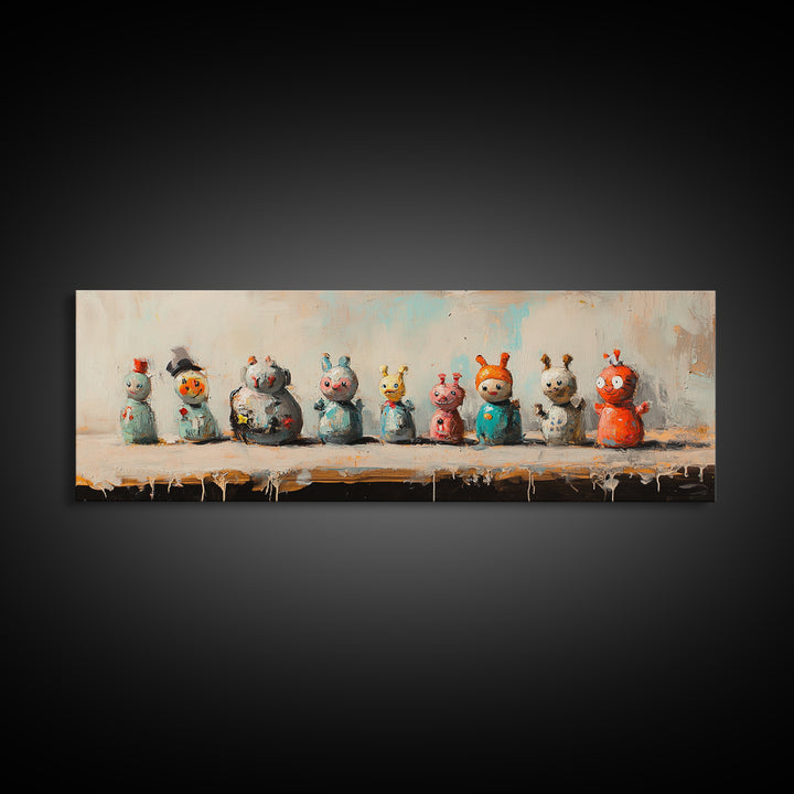 Whimsical Monster Figurines Wall Art, Quirky Kids Room Decor, Playroom Art Print, Colorful Eclectic Nursery Canvas Print