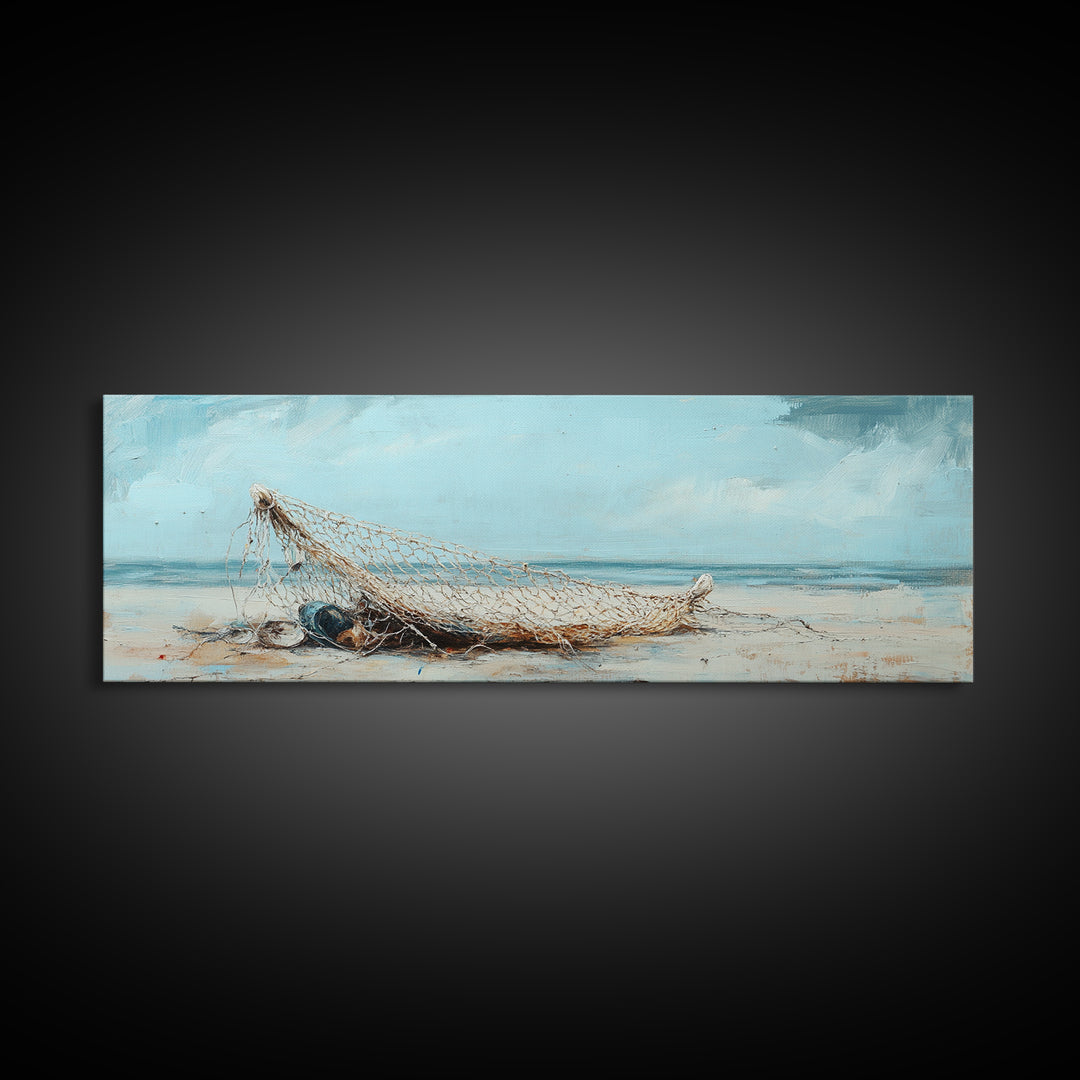 Weathered Fishing Net On Beach Canvas Print, Coastal Wall Art, Nautical Decor, Seascape Painting, Beach House Rustic Home Decor Gift