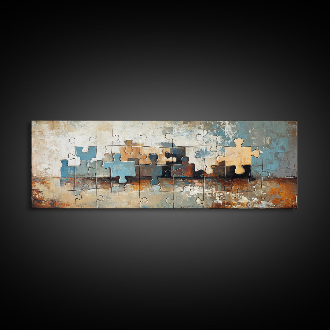 Abstract Puzzle Pieces Painting Wall Art, Modern Geometric Canvas Print For Living Room Decor And Office Decor Gift For Him